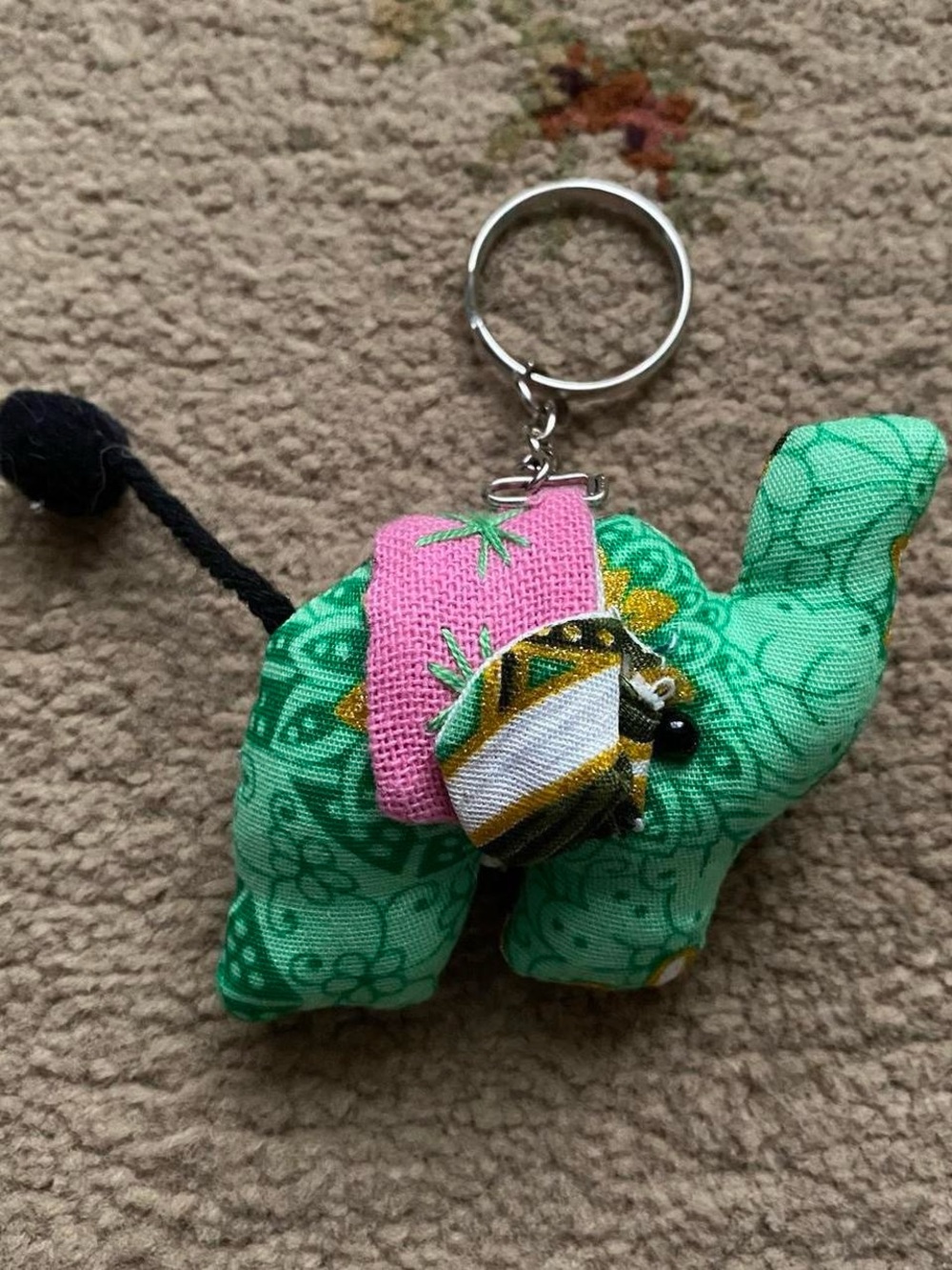 green/pink handmade indian elephant keychain